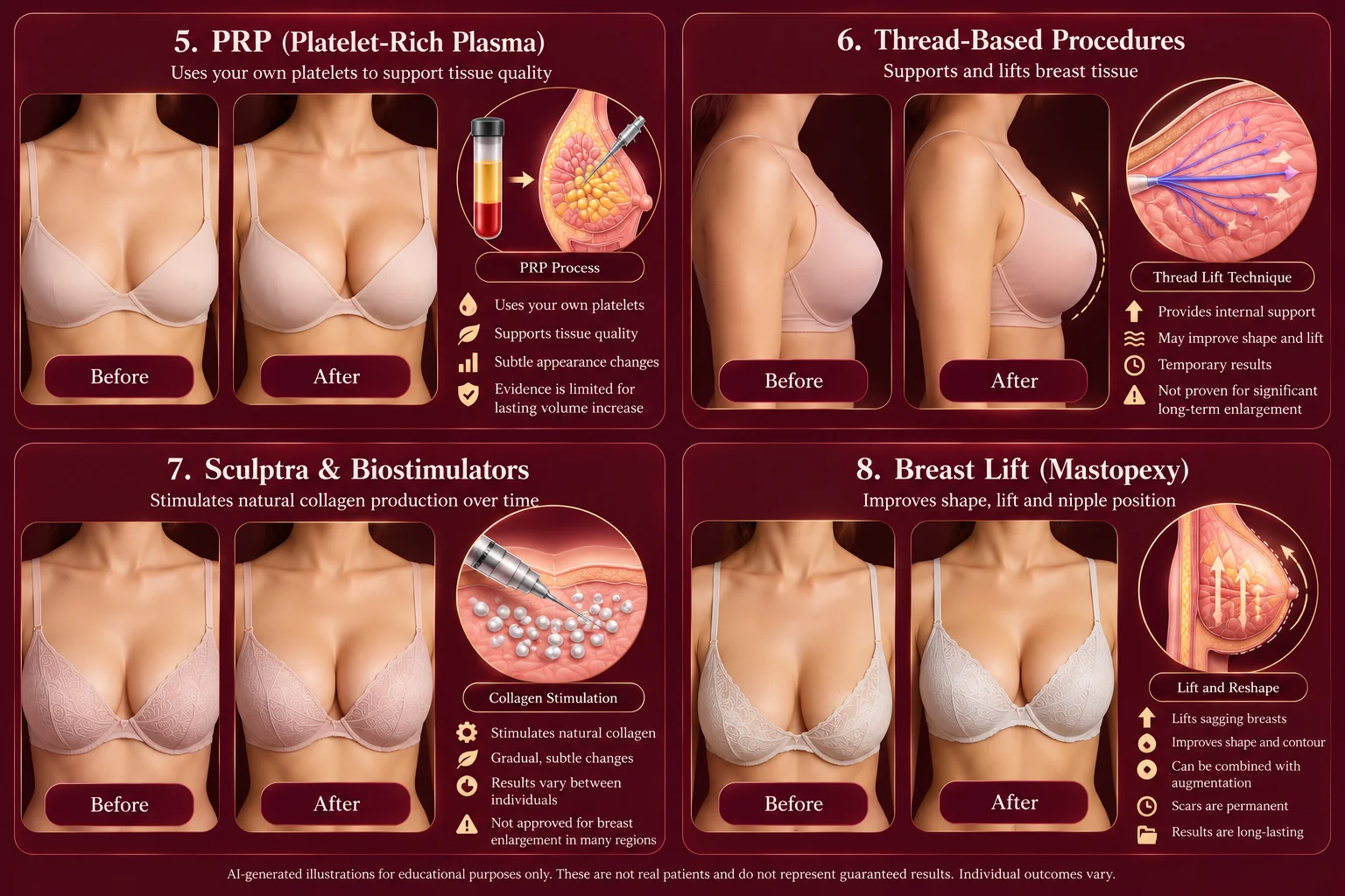 AI-generated infographic illustrating PRP, thread-based procedures, Sculptra and biostimulators, and breast lift with before-and-after concept images and brief notes.
