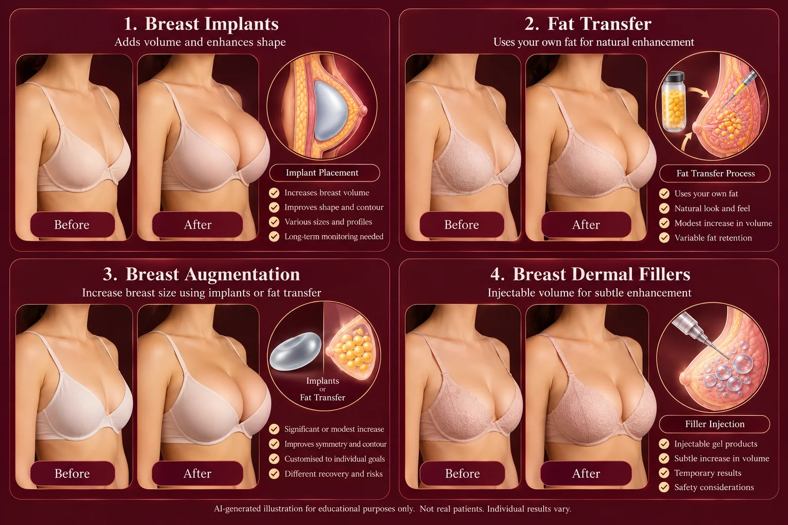 AI-generated infographic illustrating breast implants, fat transfer, breast augmentation and dermal fillers with before-and-after concept images and brief notes.