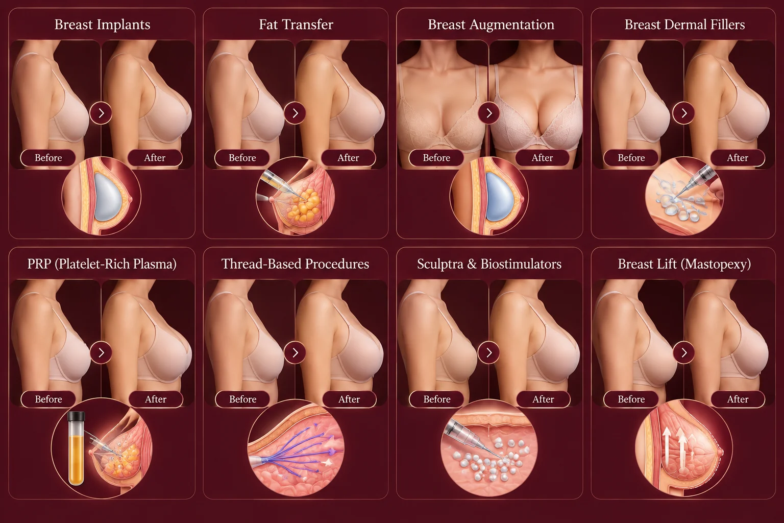 AI-generated grid of eight breast enhancement approaches, each shown with a simple before-and-after concept image.
