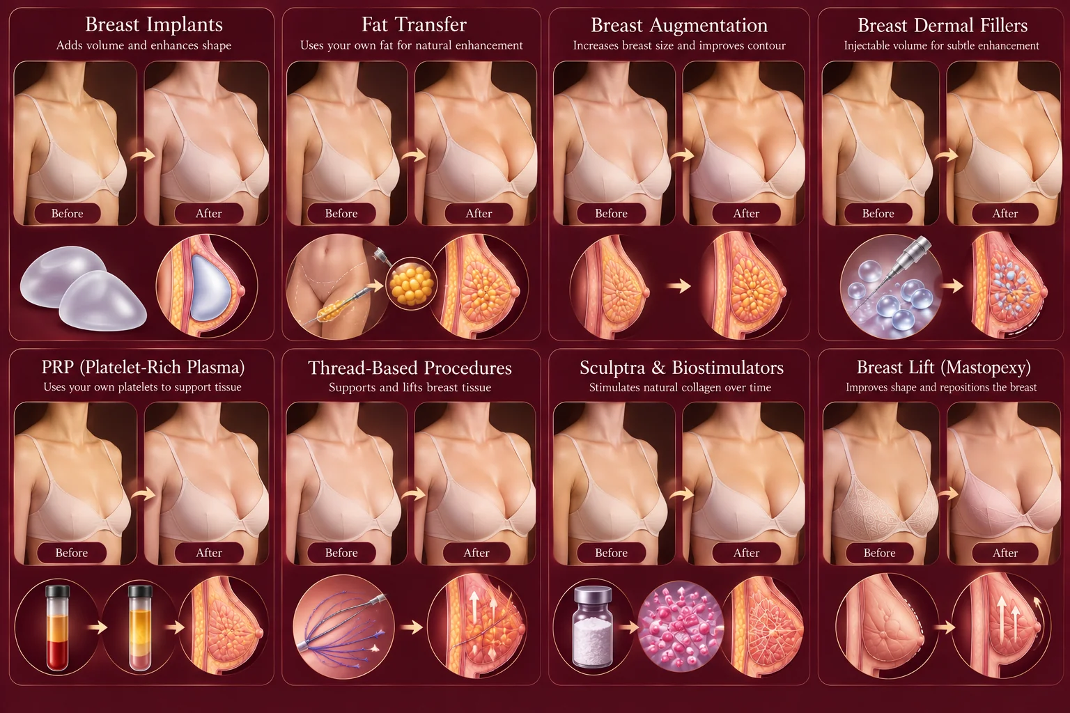 AI-generated infographic grid comparing breast implants, fat transfer, breast augmentation, dermal fillers, PRP, threads, biostimulators and breast lift.