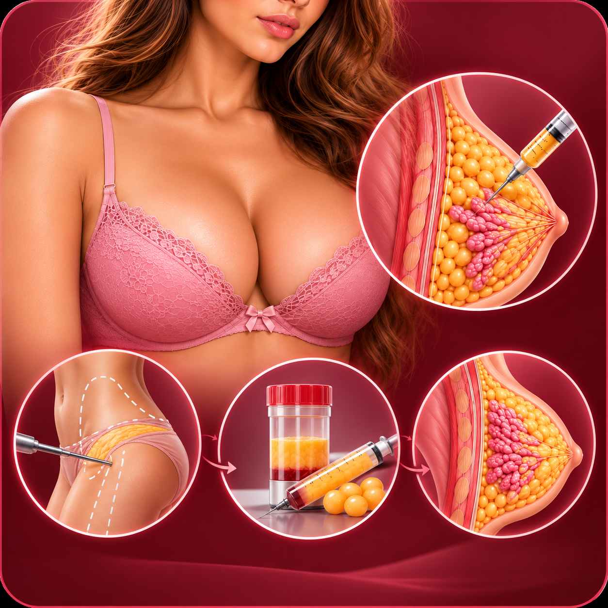 Illustration of fat-transfer breast augmentation from liposuction to transfer
